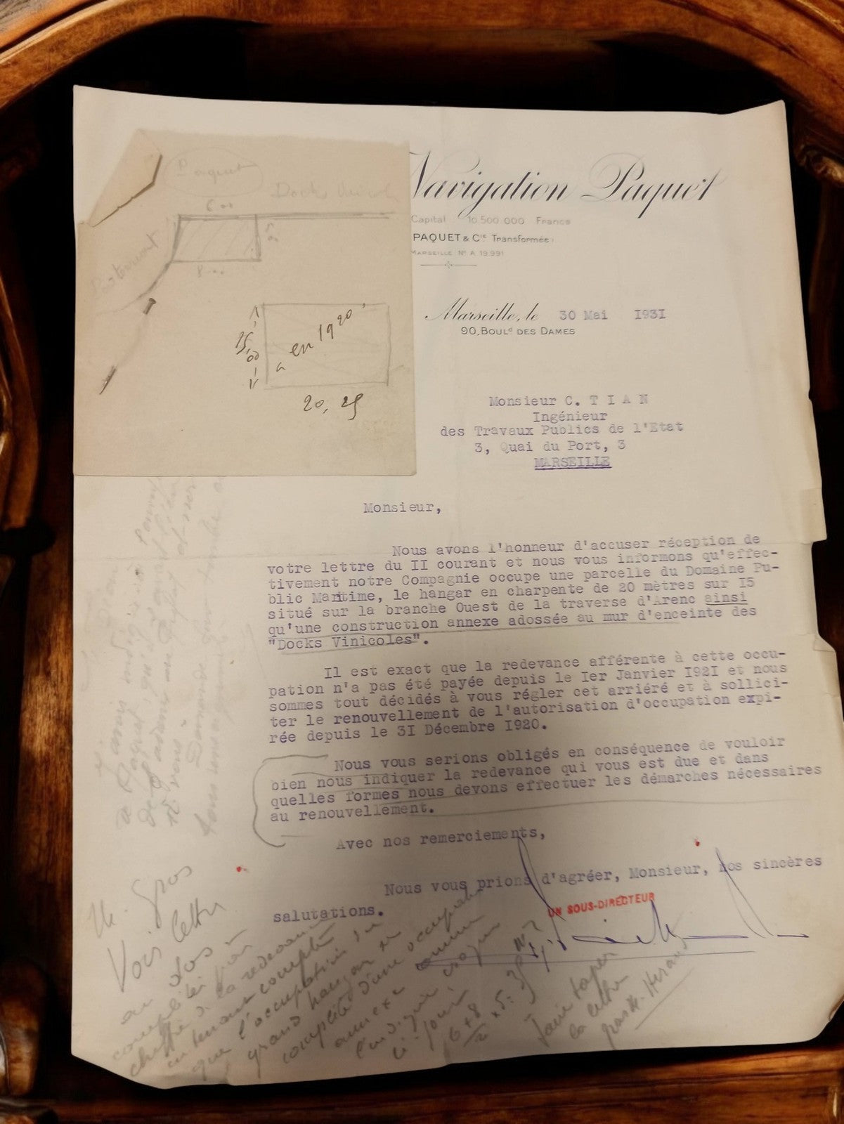 Lettre ancienne Navigation Paquet Marseille 1931 + croquis Docks Vinicoles vinta