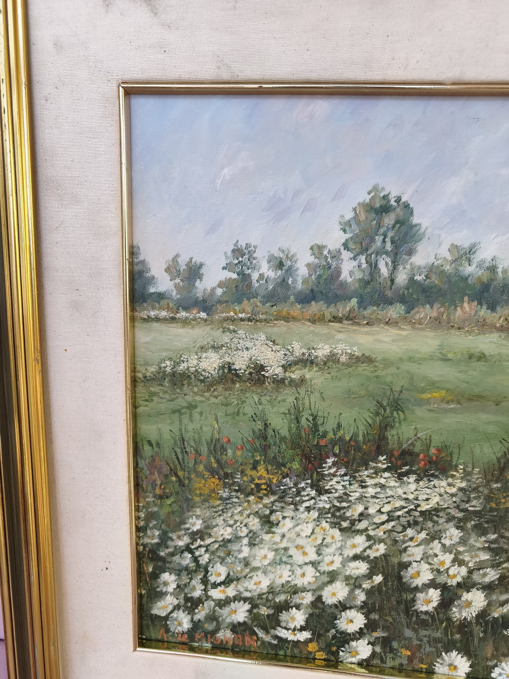 Grand tableau vintage paysage fleuri marguerites signé André Le Mignon ancien ra