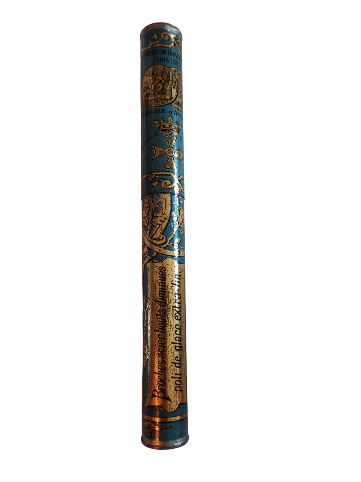 Broche acier poli de glace 1920 tube décoratif français, artisanat authentique