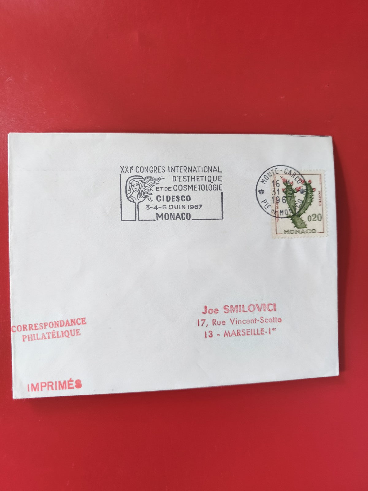 Enveloppe philatélie Monaco 1967 CIDESCO avec timbre et cachet illustré
