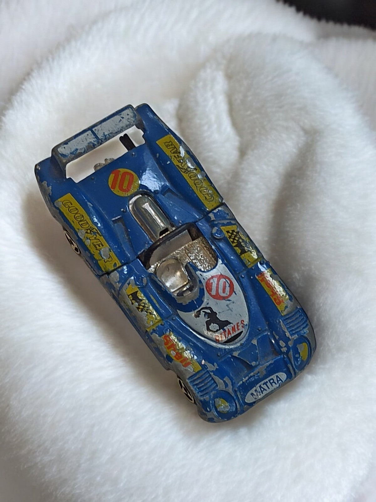 Voiture miniature vintage Matra bleue, modèle rétro ancien, n°10, décor course