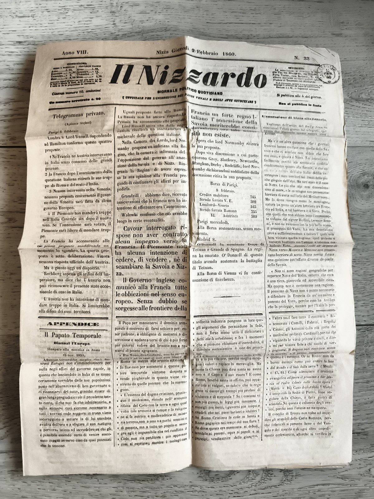 Ancien journal Il Nizzardo 1860 Nizza Italie historique original