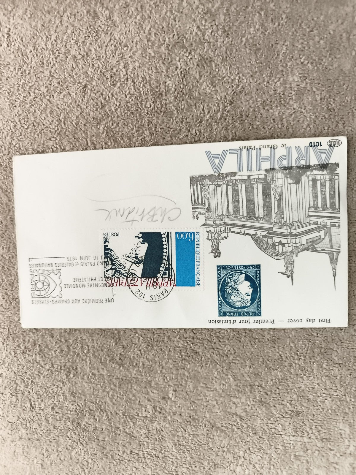 Lettre FDC Artphila 1975 Marianne 1F Bleu Paris timbre premier jour philatélie
