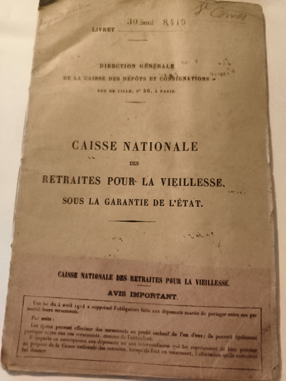 Livret ancien Caisse Nationale Retraites Vieillesse Paris 1910s document adminis