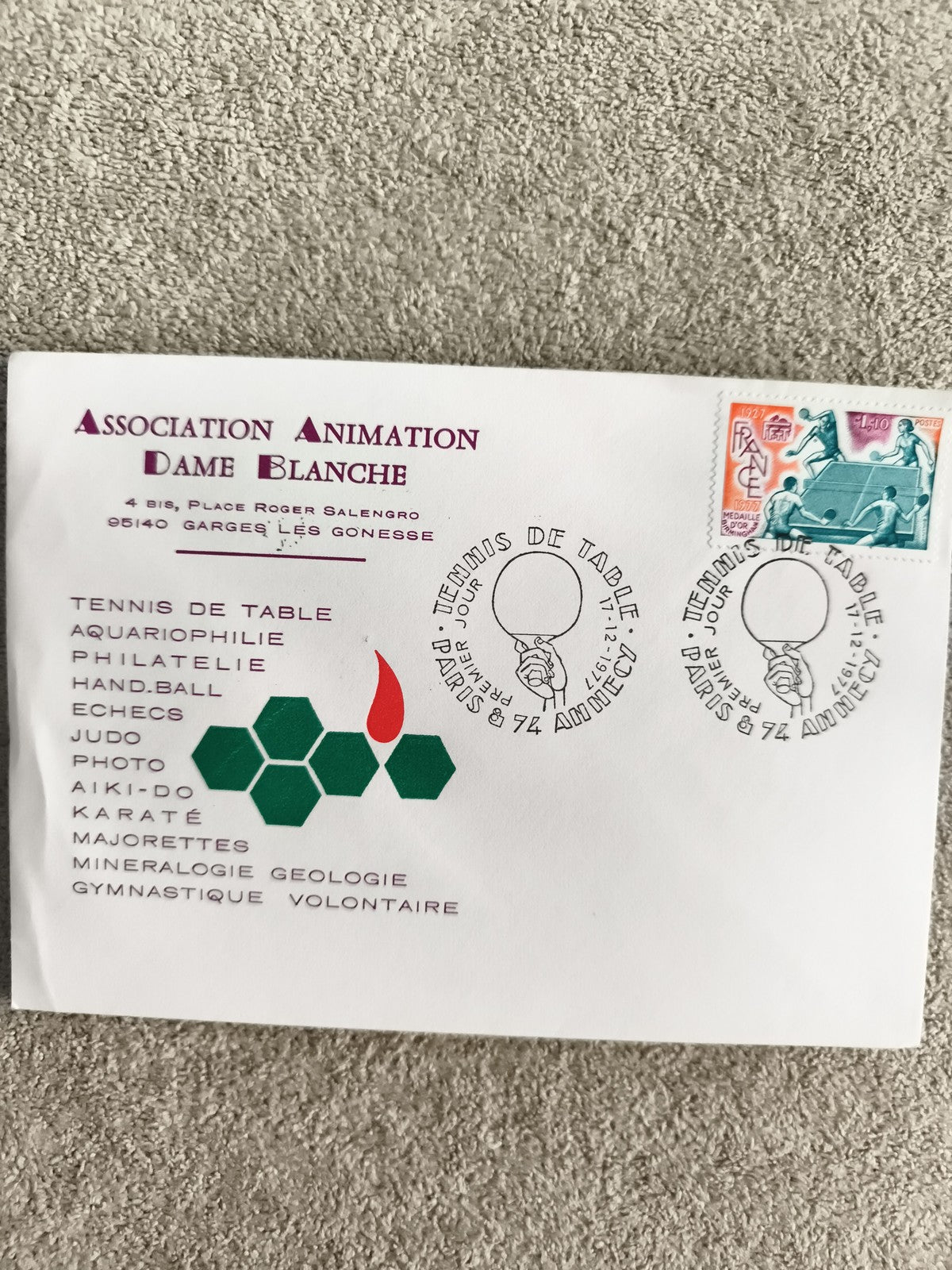 Lettre premier jour Tennis de table 1977 Paris philatélie timbre France