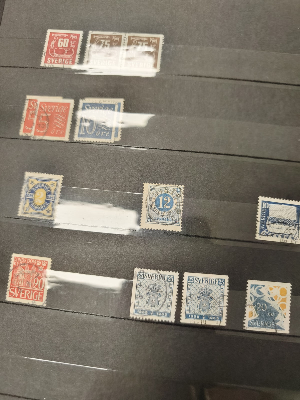 Lot anciens timbres oblitérés Suède collection philatélie, motifs variés vintage