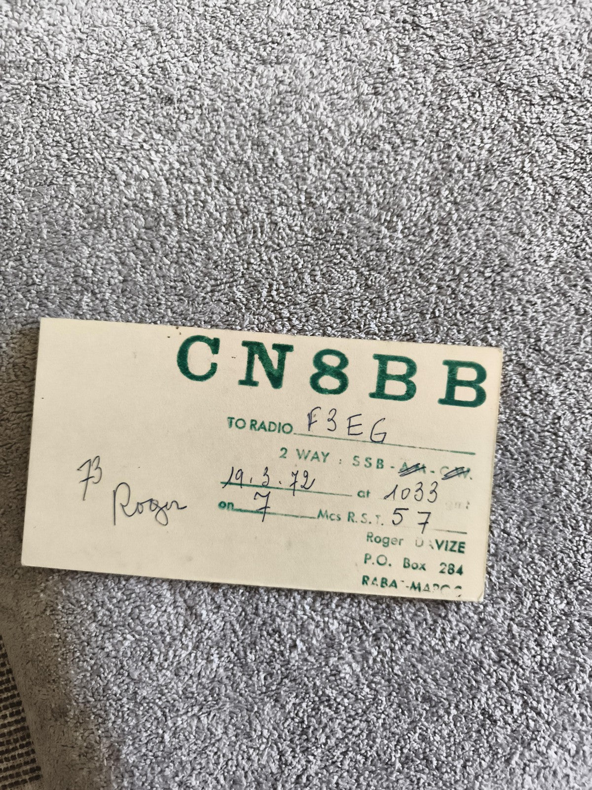 Carte QSL ancienne radioamateur CN8BB Maroc 1972 QSO vintage SSB