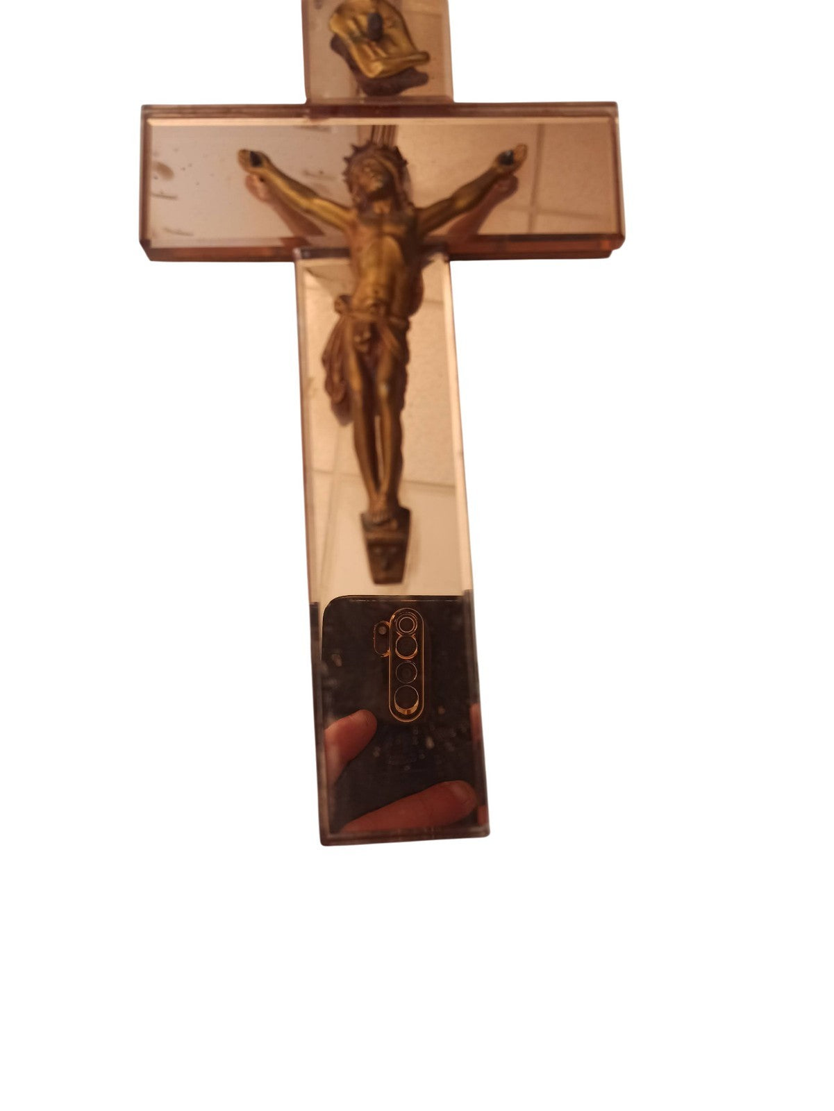 Crucifix ancien miroir, Christ doré, objet religieux vintage rétro déco