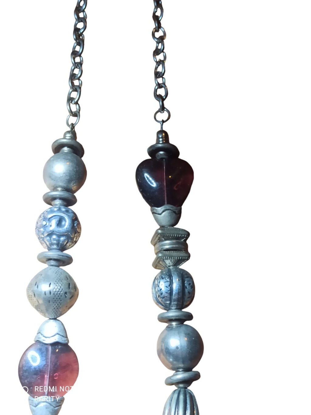 Collier vintage fantaisie métal argenté perles verre breloques cœur
