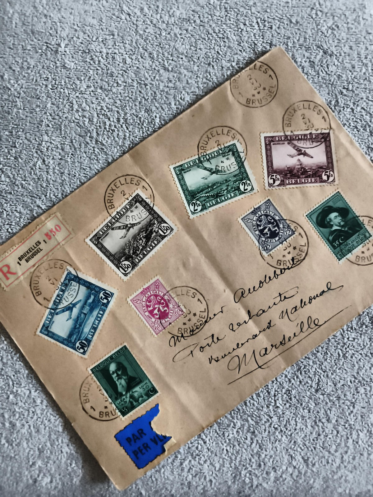 Lettre affranchie Belgique Bruxelles 7 timbres aviation portrait recommandé phil