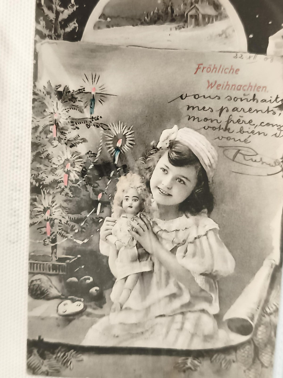 Carte postale ancienne Noël fillette poupée sapin Fröhliche Weihnachten CPA