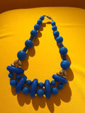 Collier vintage perles bleues et dorées, fantaisie à gros maillons, années 70