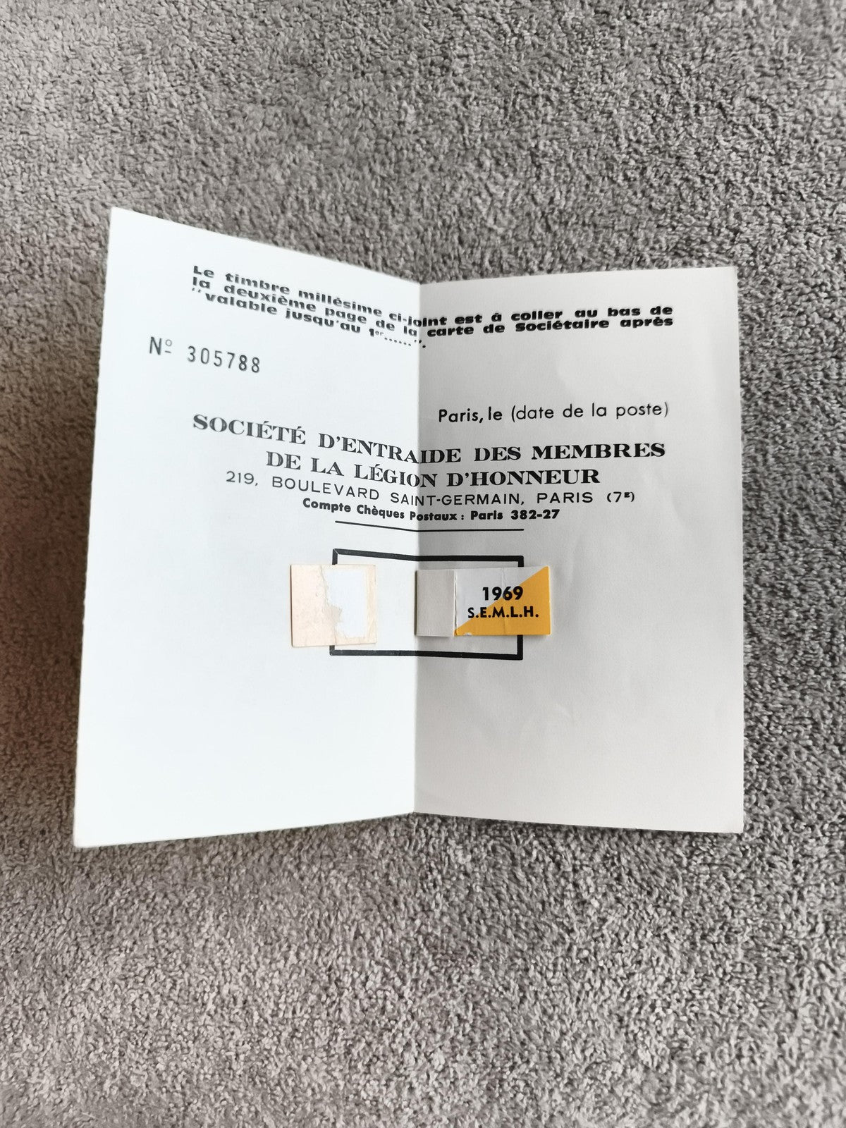 Ancien document Société Entraide Légion d’Honneur 1969 S.E.M.L.H. timbre vintage