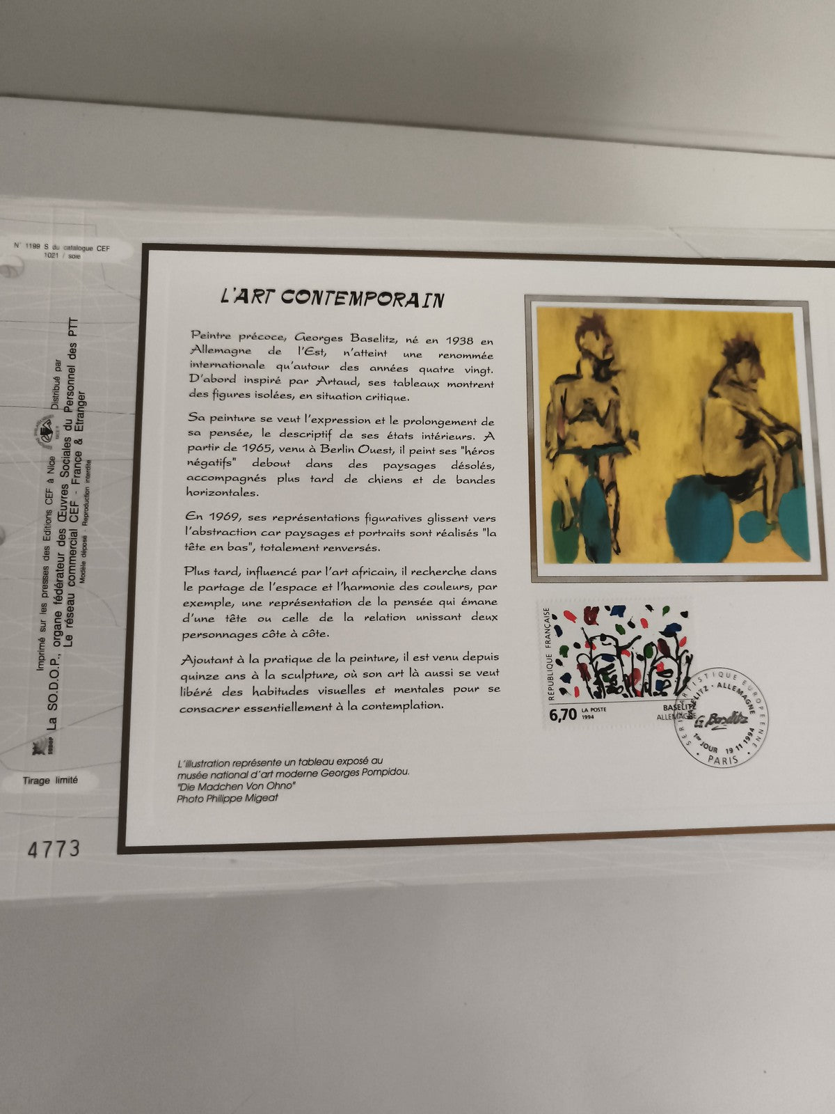 Feuillet CEF L’Art Contemporain Baseltiz 1994 timbre oblitéré philatélie