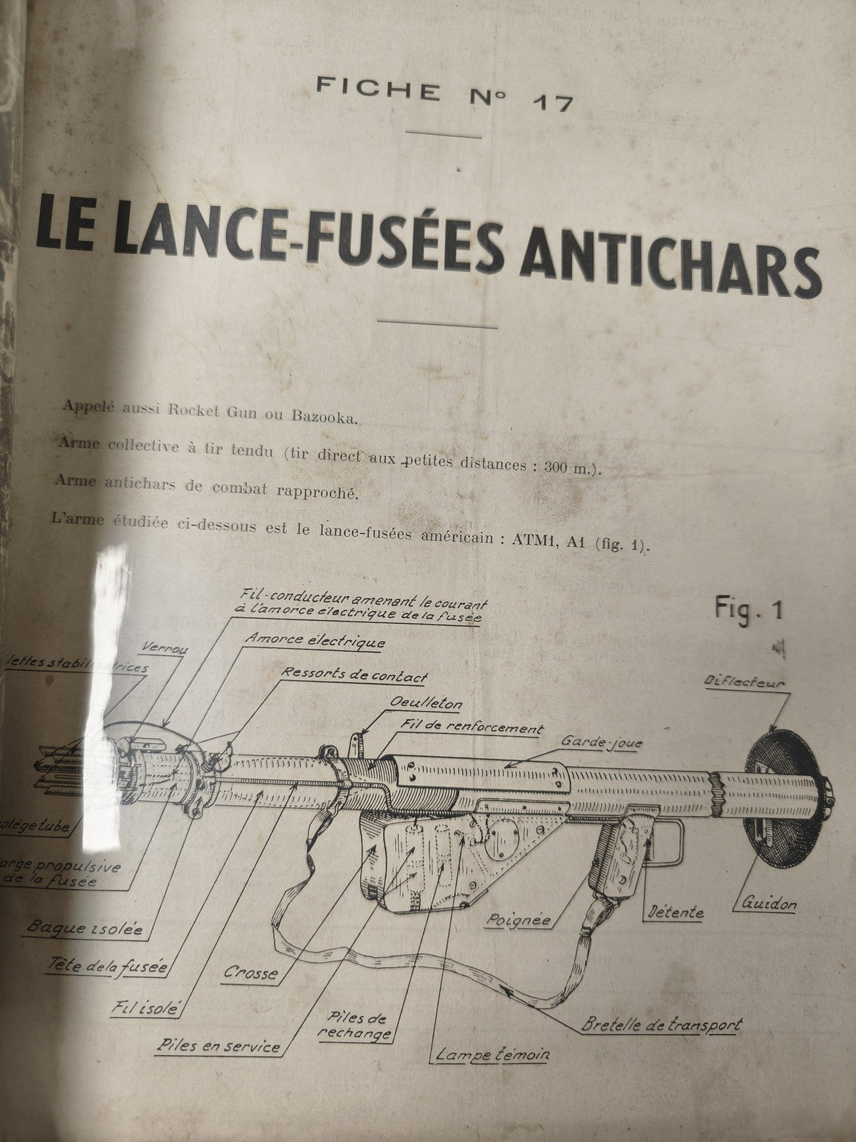 Ancienne fiche militaire lance-fusées antichars Bazooka plan illustré