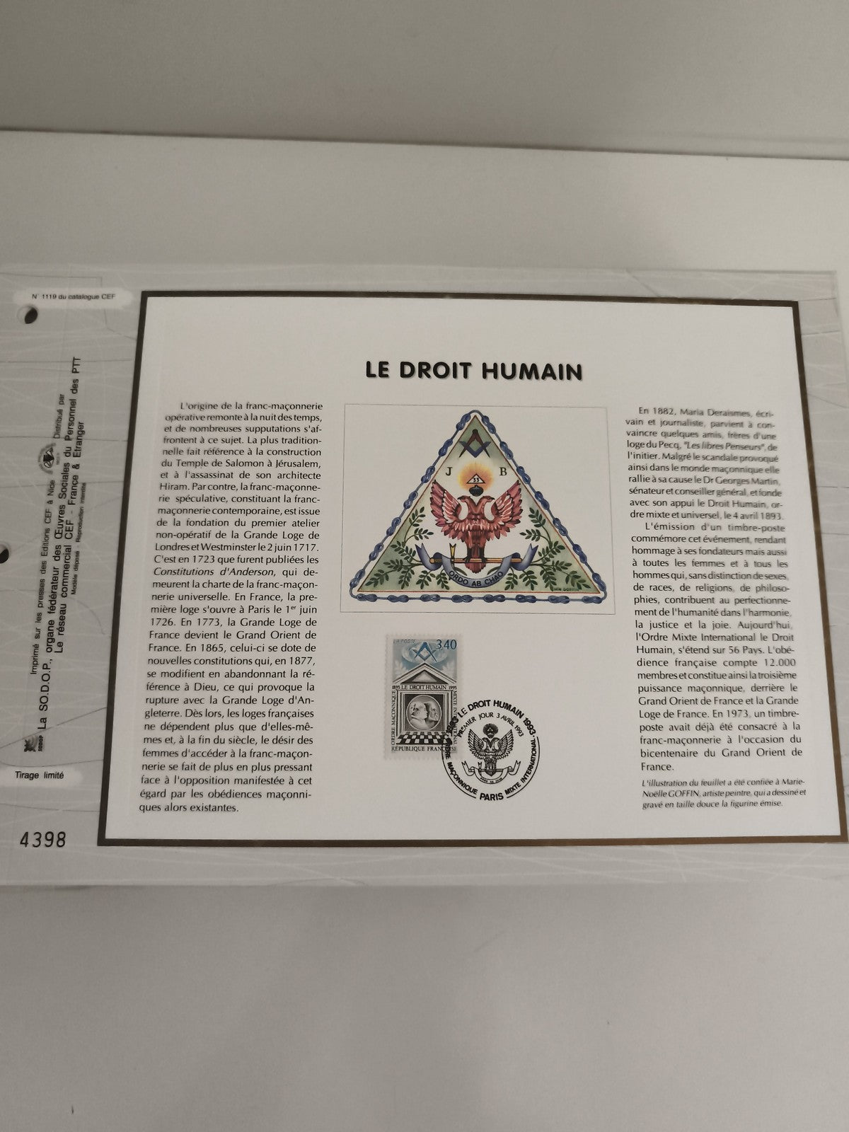 Feuillet philatélique CEF Le Droit Humain franc-maçonnerie timbre France
