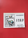 Carte radio F9KP France avec illustration Obélix sur fond blanc