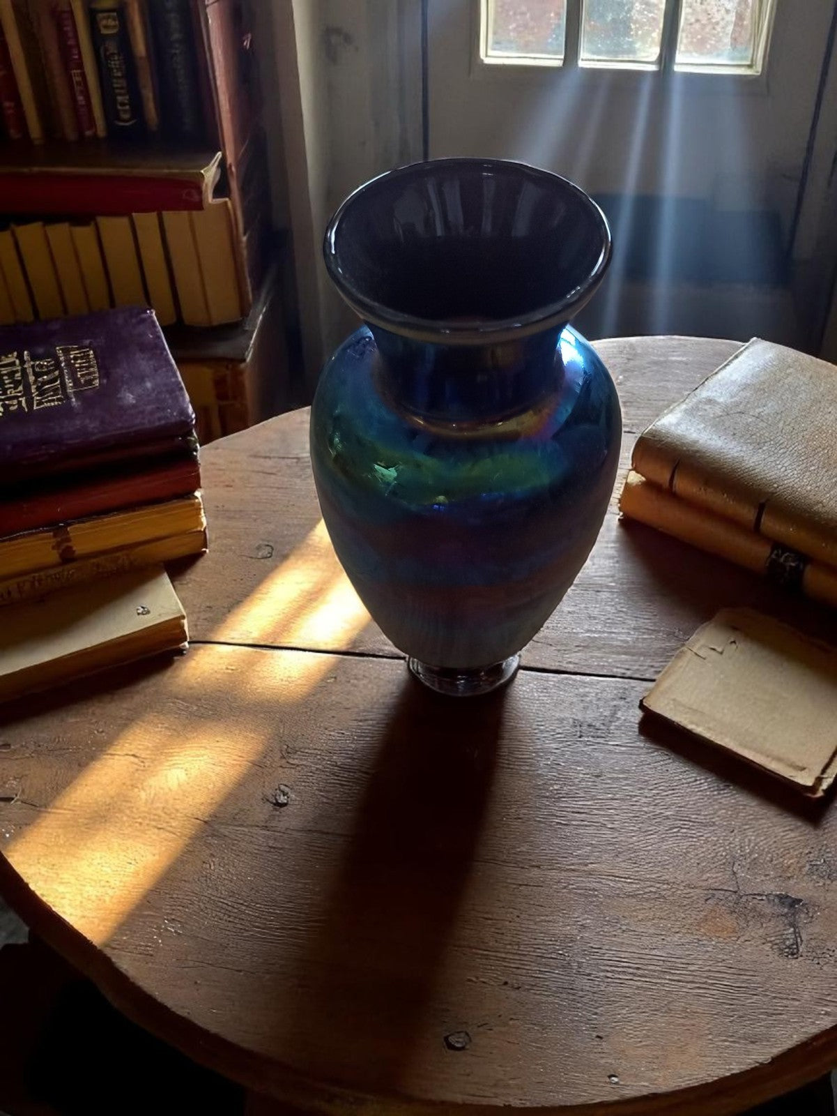 Vase vintage en céramique irisée bleu violet, pièce unique déco rétro