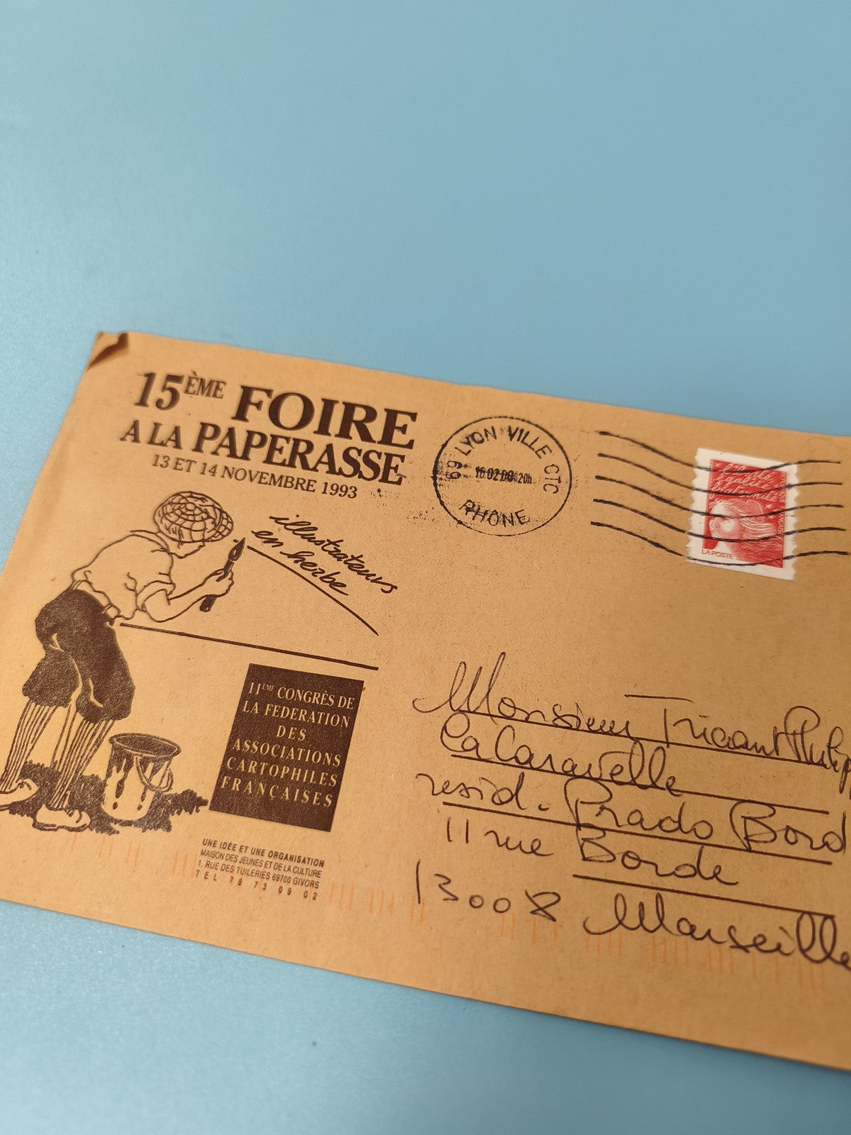 Ancienne enveloppe philatélie Foire à la Paperasse 1993 illustrée cachet Lyon