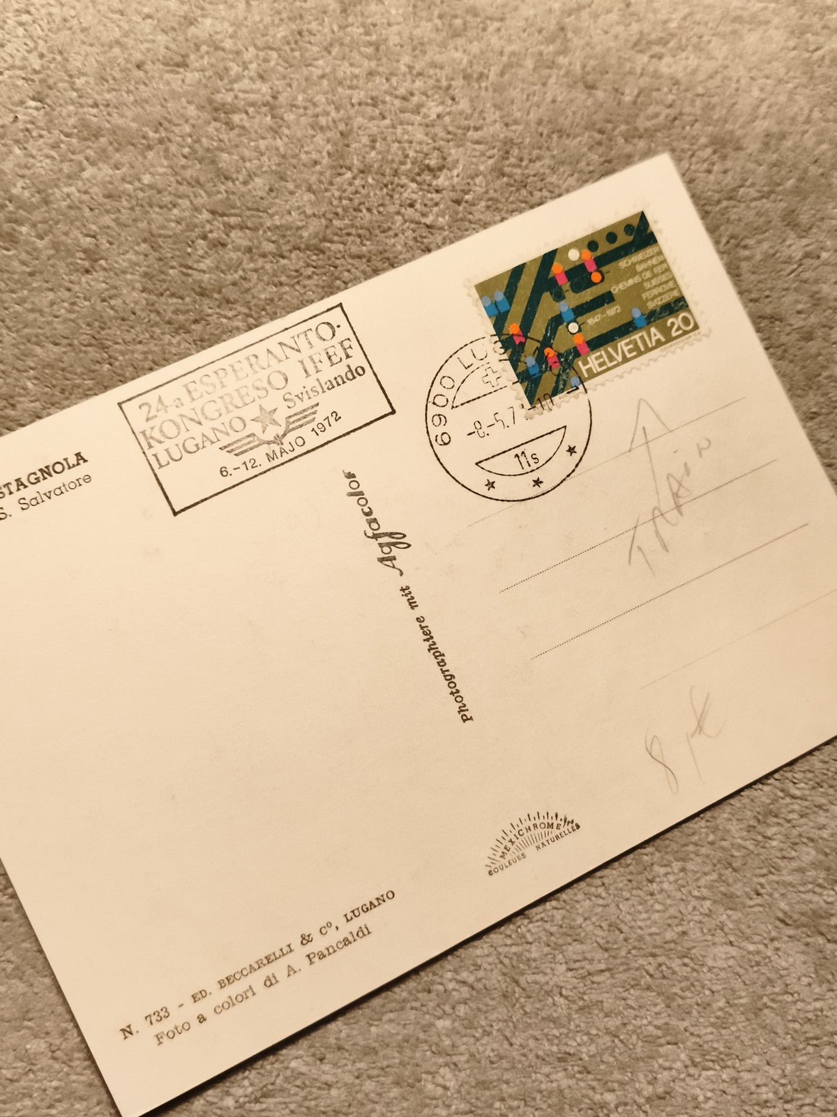 Carte postale Suisse 1972 Esperanto Lugano cachet Helvetia 20 timbre philatélie