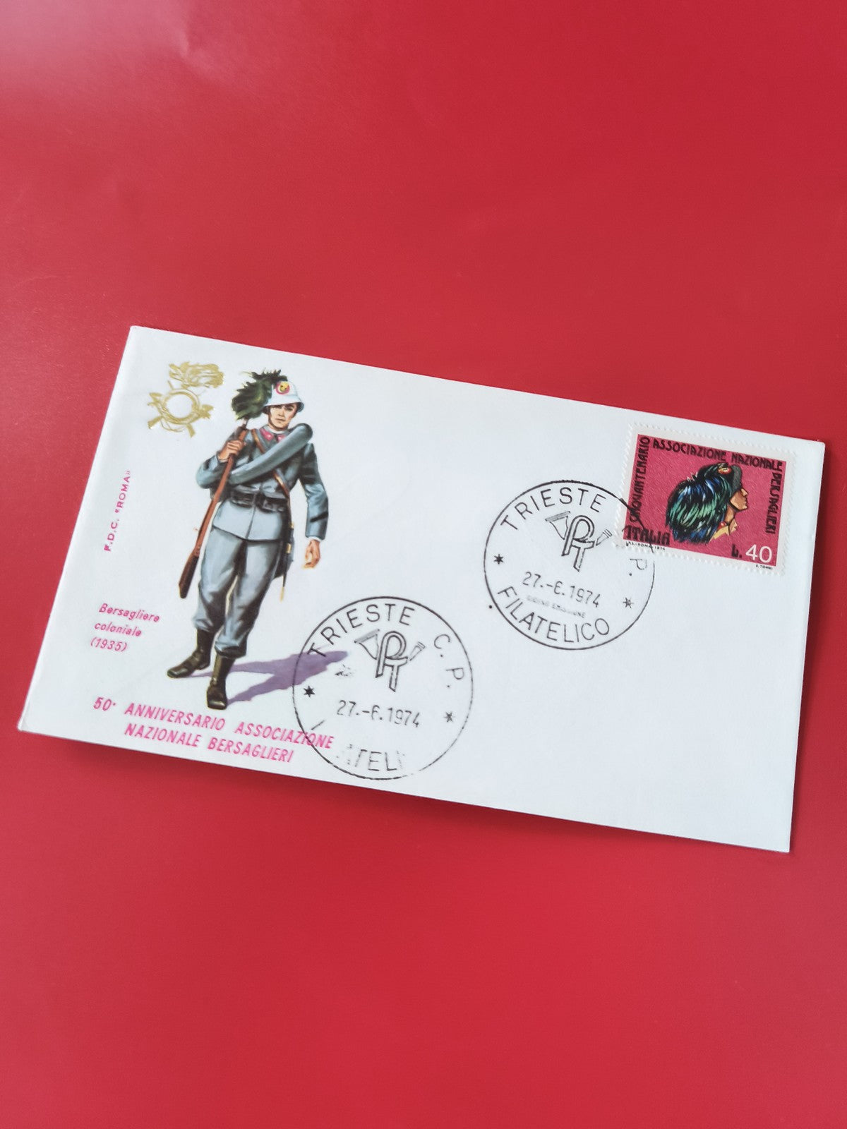 Enveloppe philatélie illustrée Bersaglieri 1974 oblitérée Trieste timbre 40 lire