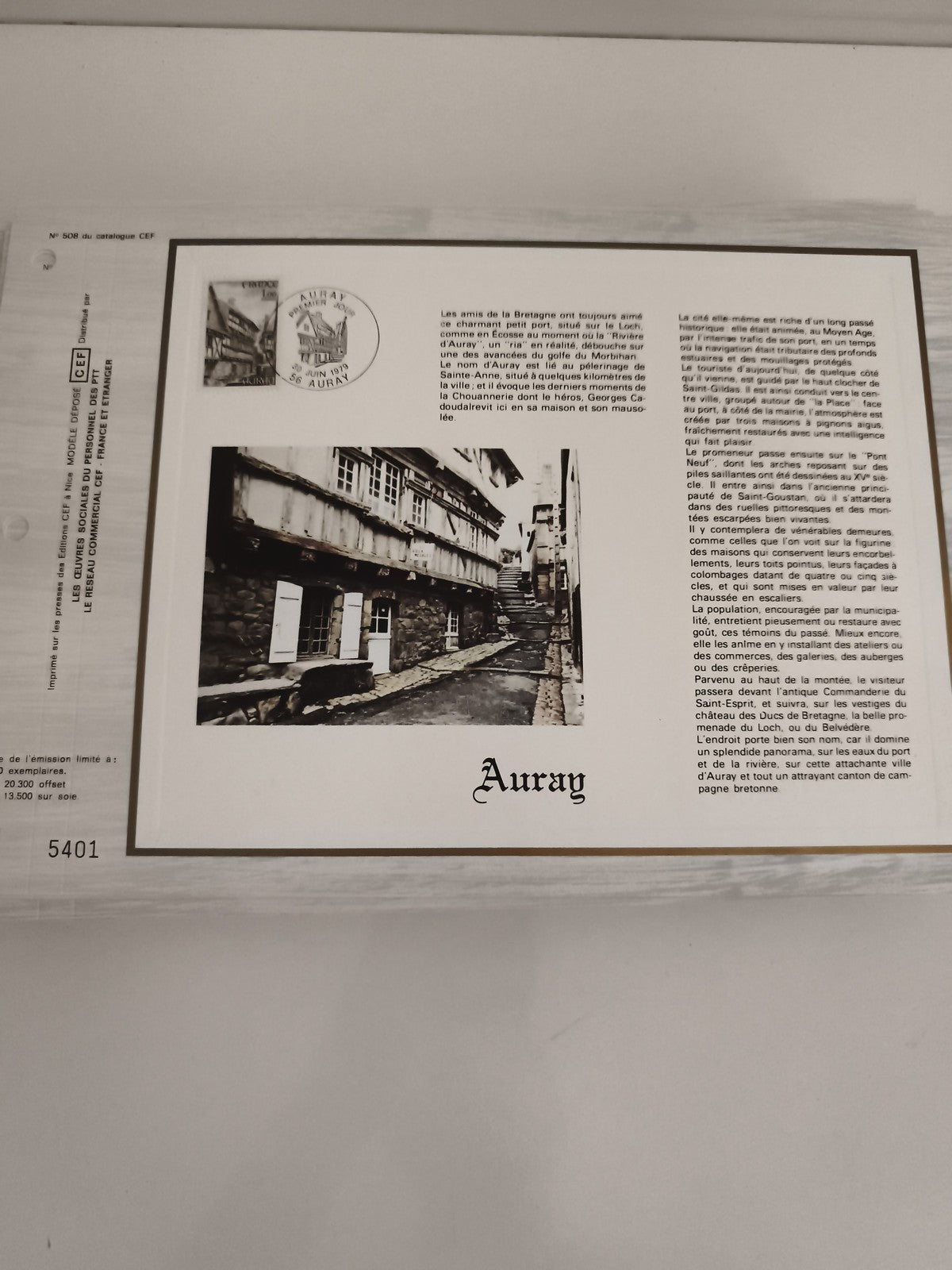 Feuillet philatélique CEF Auray timbre oblitéré Bretagne texte illustré