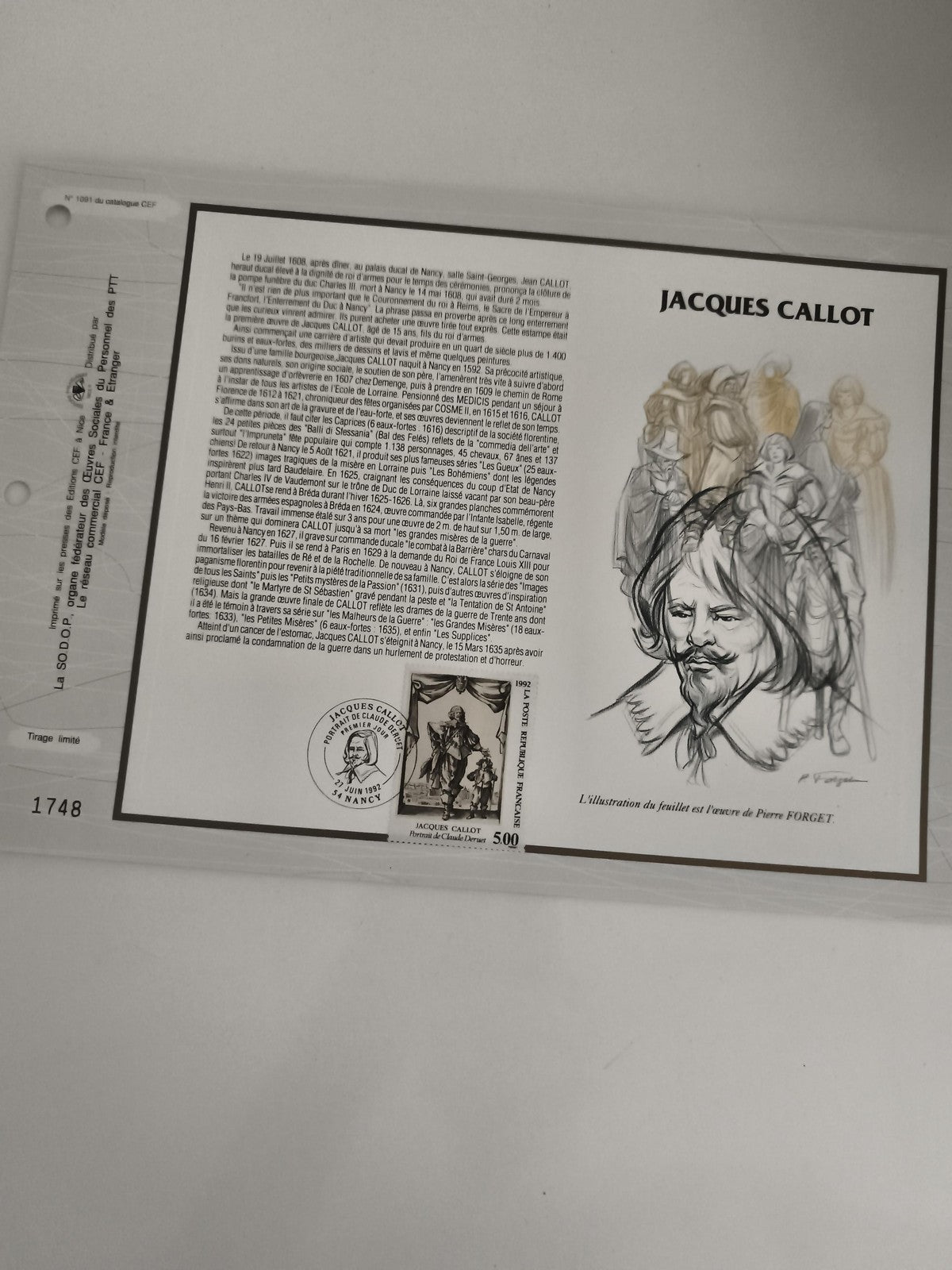 Feuillet CEF Jacques Callot philatélie timbre 500 F illustré Pierre Forget