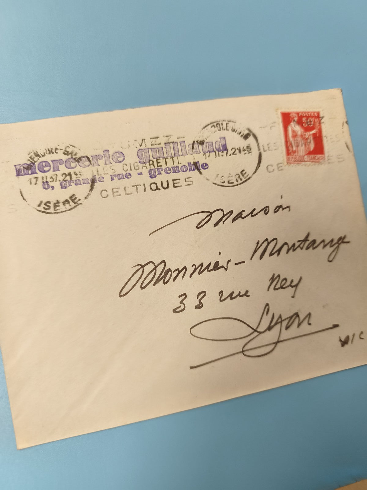 Ancienne enveloppe oblitérée début XXe philatélie Grenoble Lyon vintage
