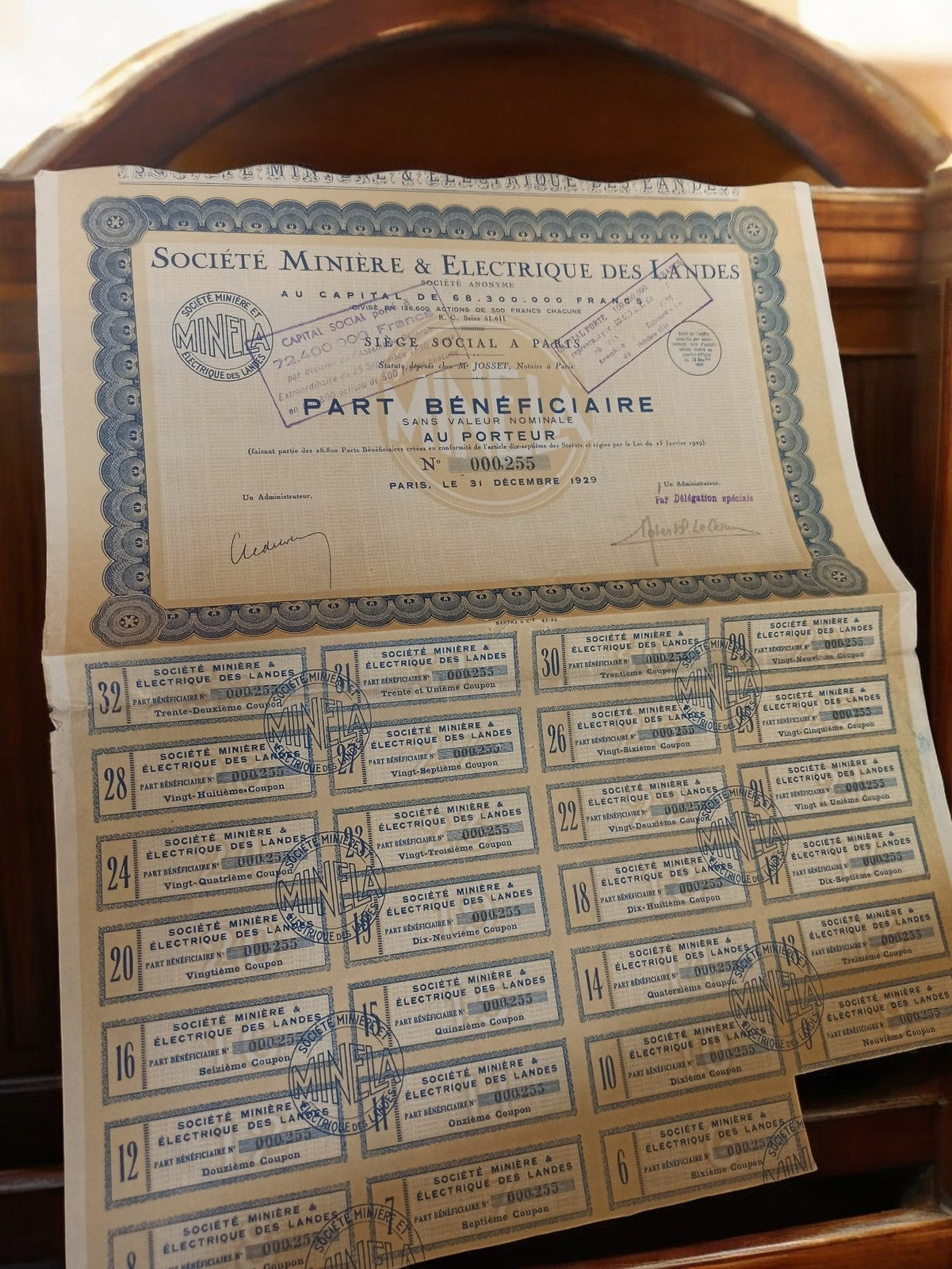 Action au porteur Société Minière Électrique des Landes 1929 part bénéficiaire v