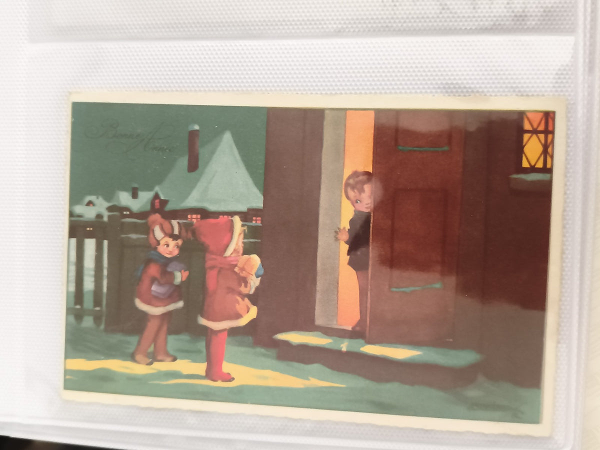 Carte postale ancienne Noël illustrée enfants hiver CPA vintage