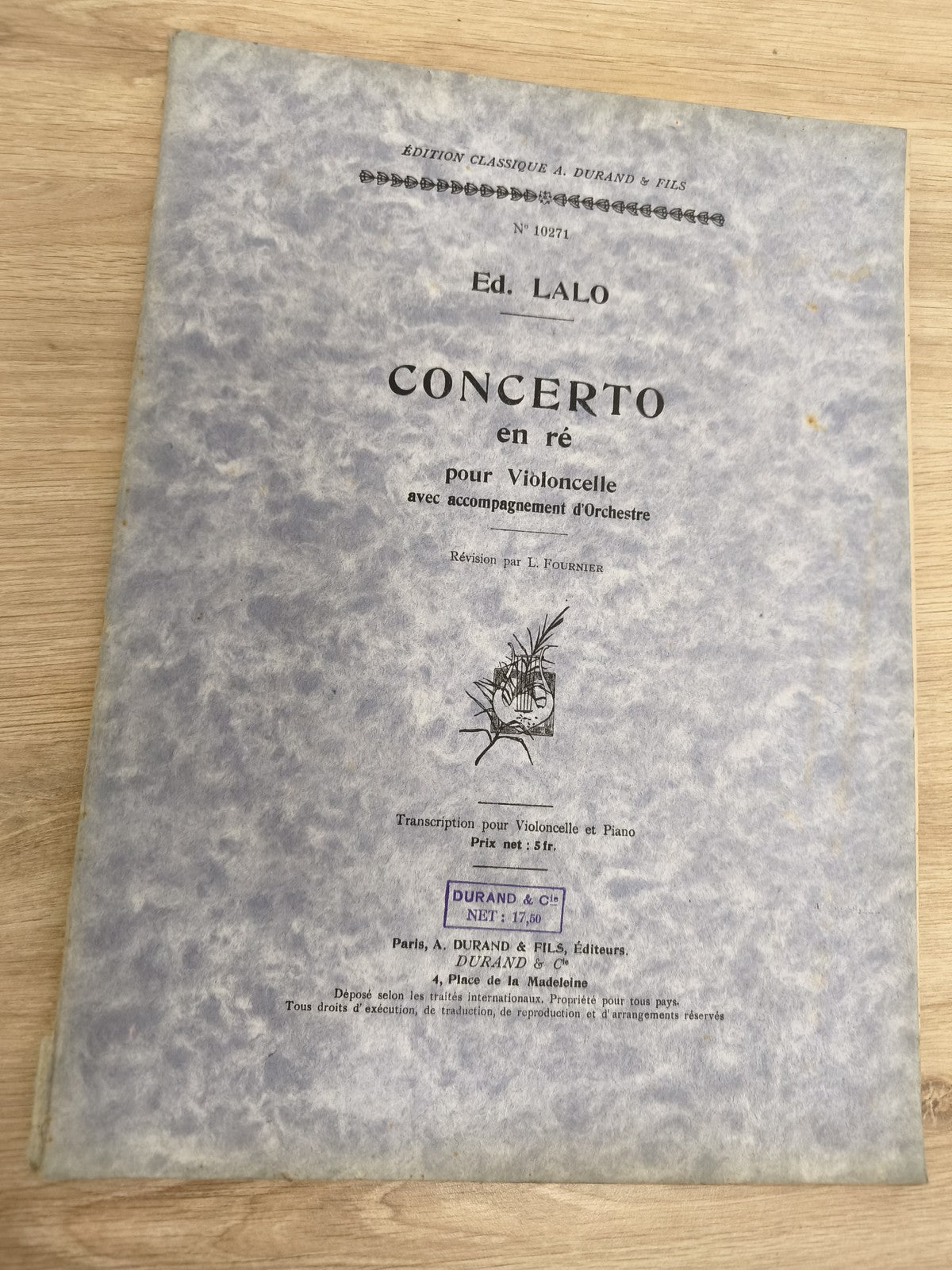 Ancien livret partitions Ed Lalo Concerto ré violoncelle piano Durand vintage