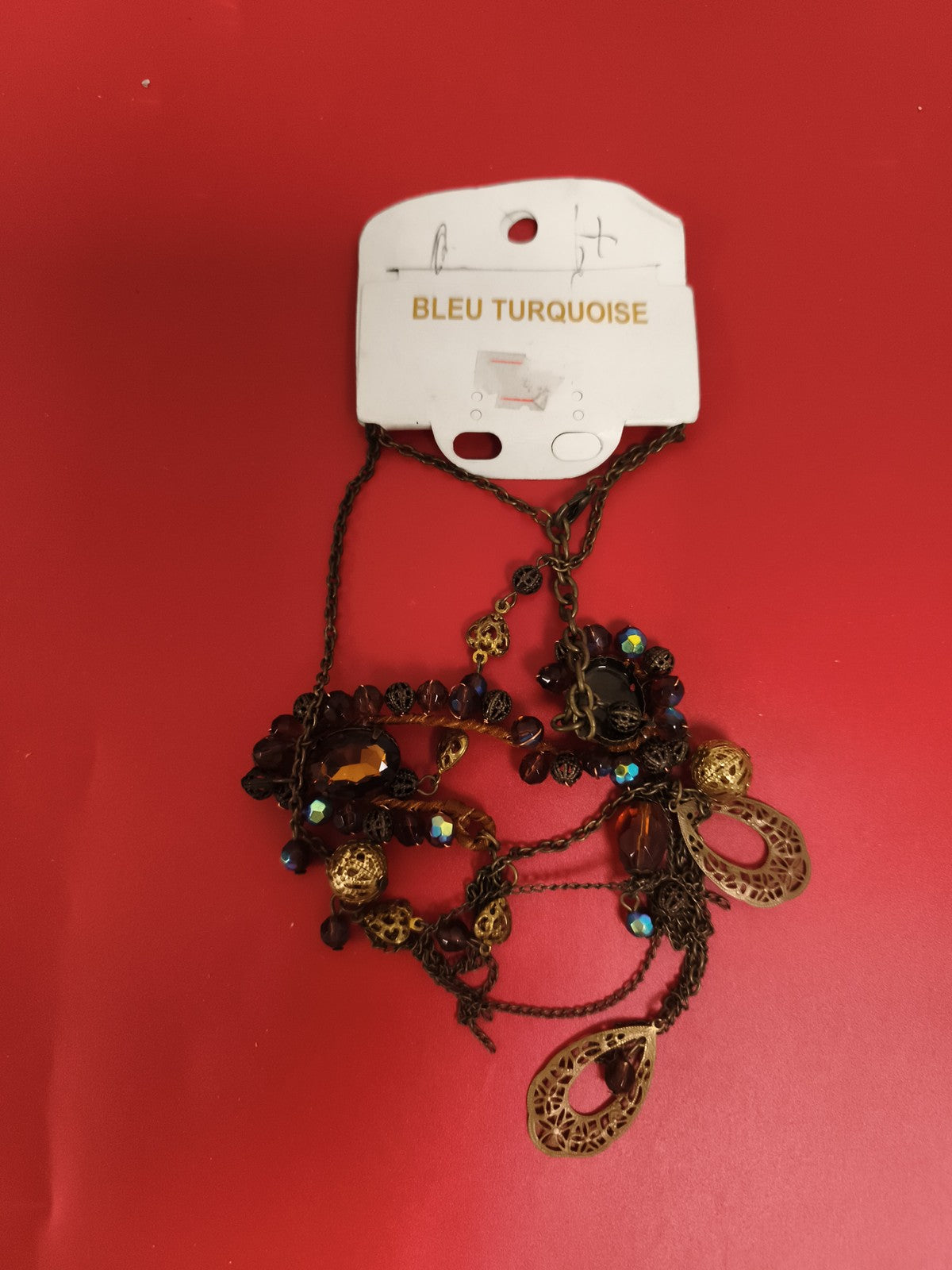 Collier vintage deadstock Bleu Turquoise pampilles bronze filigrané