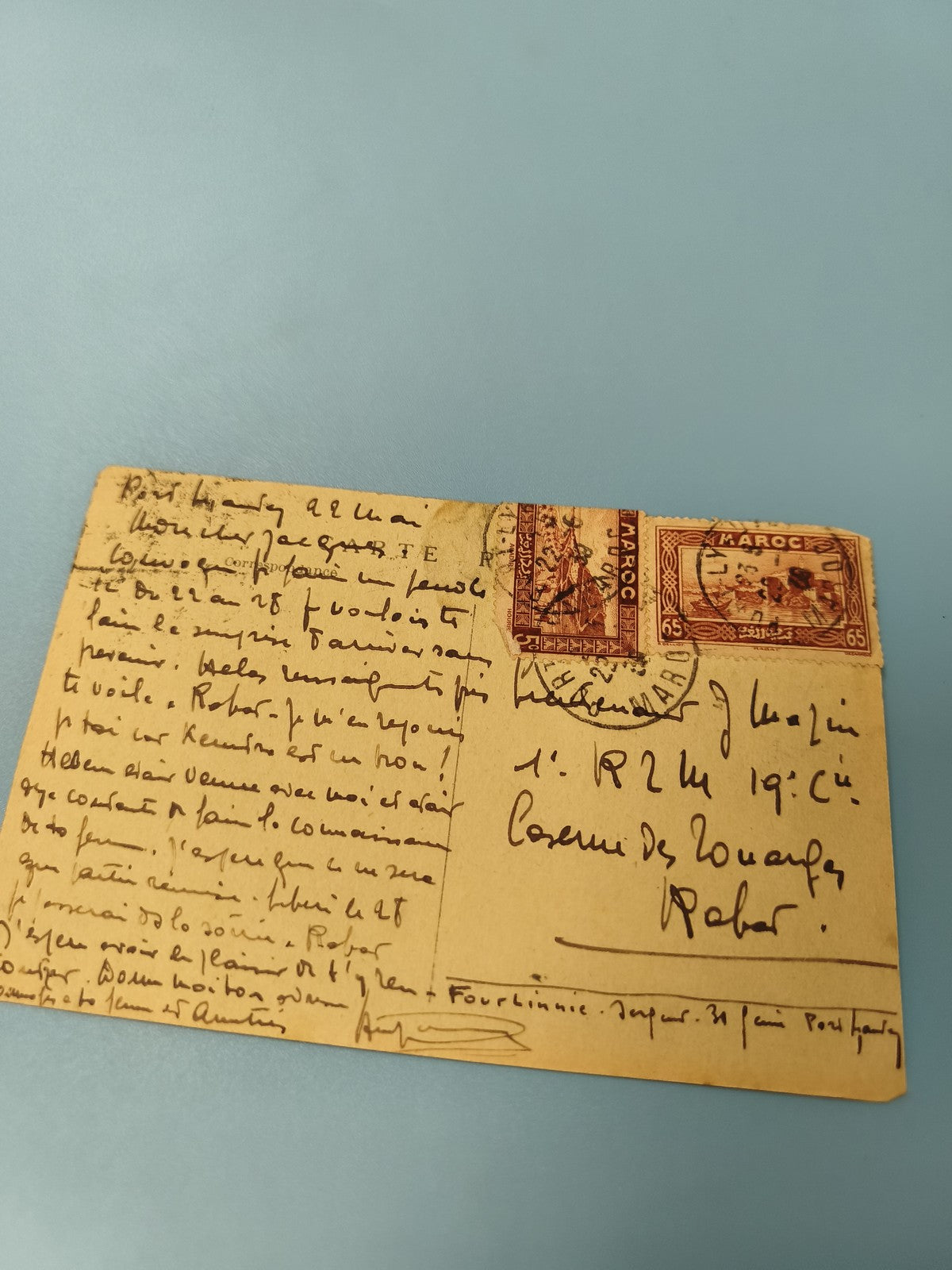 Carte postale philatélie timbres Maroc écriture manuscrite recto, d'occasion