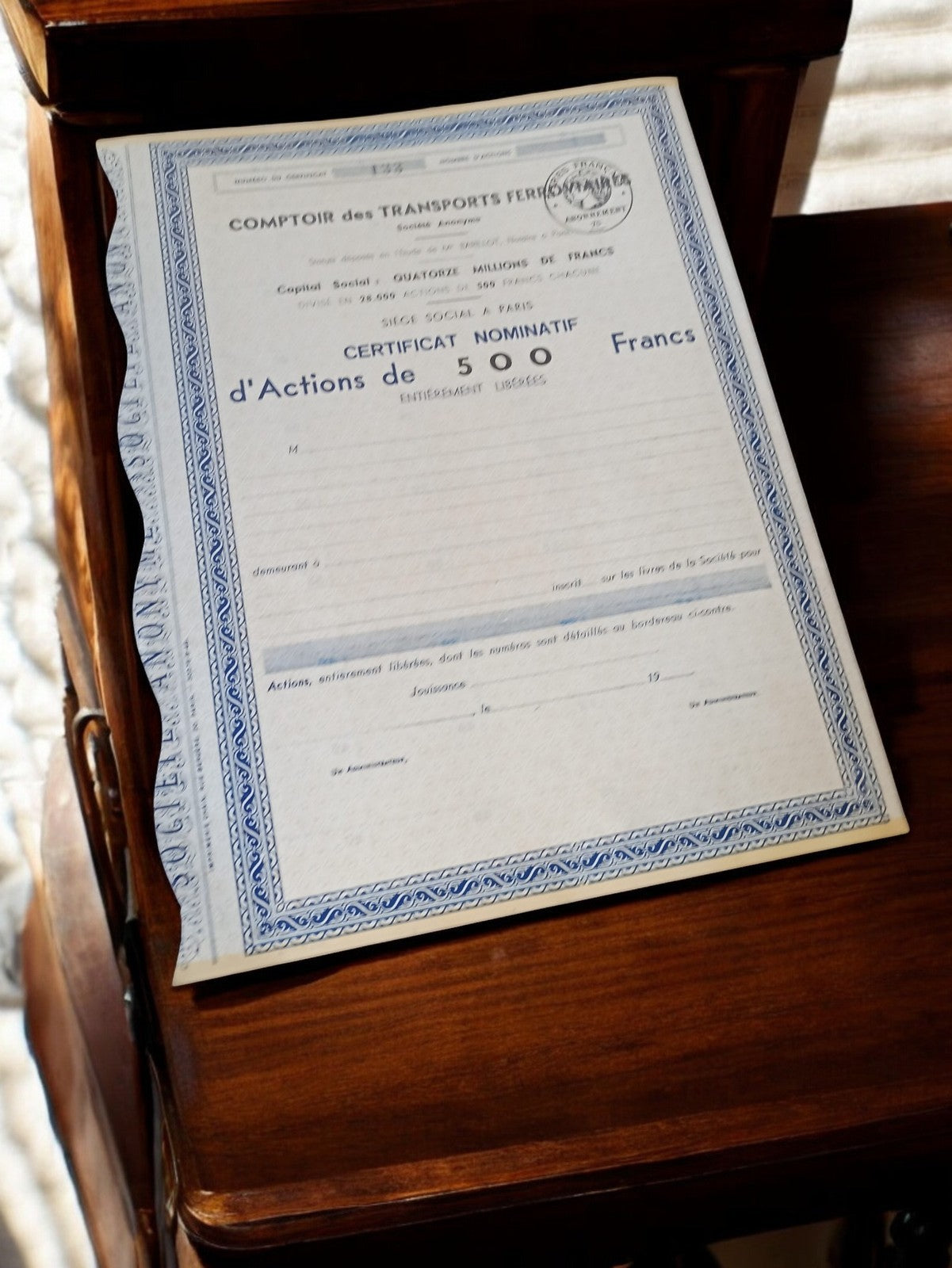 Certificat action ancienne Comptoir Transports Ferroviaires 500F années 1920 vin