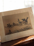 Ancienne gravure estafette XIXe, illustration coach postal vintage rétro déco