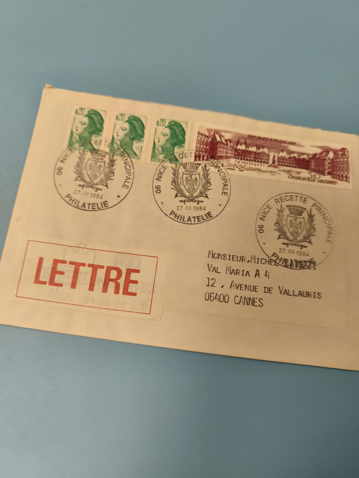 Ancienne enveloppe philatélie timbres Marianne et Charleville 1984 cachets Nice
