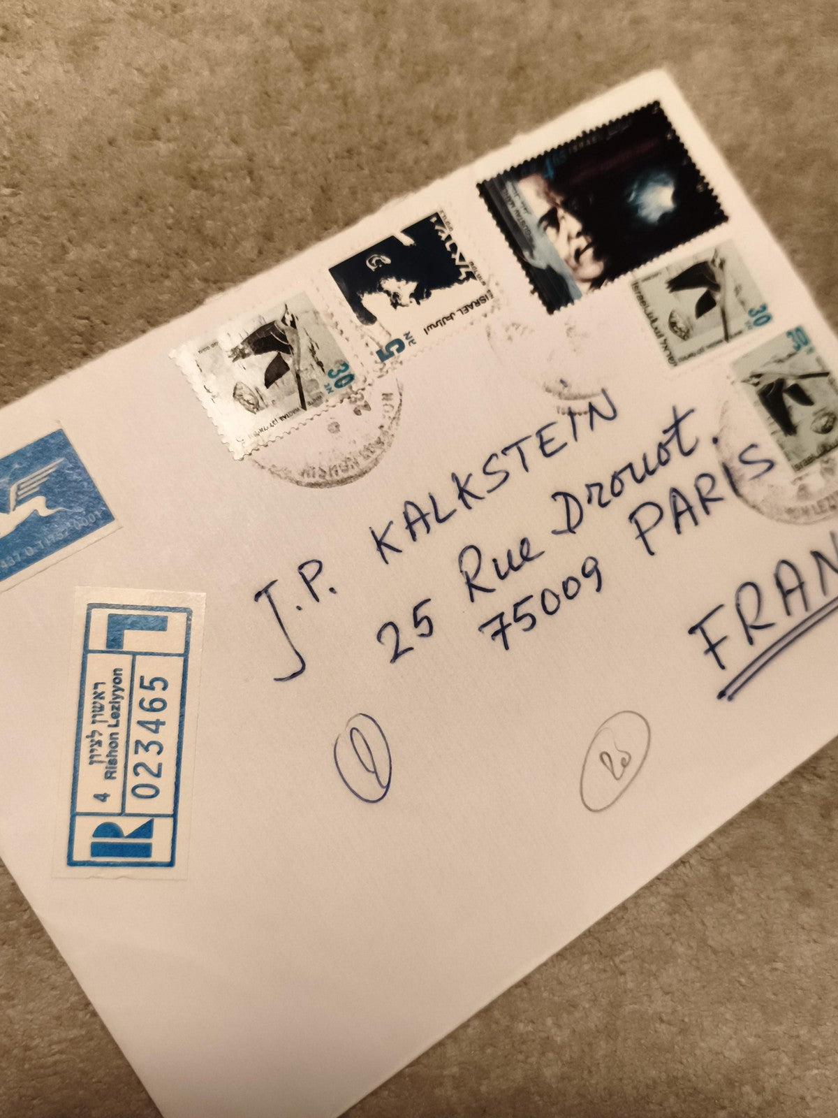 Lettre affranchie timbres Israël recommandée JP Kalkstein Paris philatélie (Ref