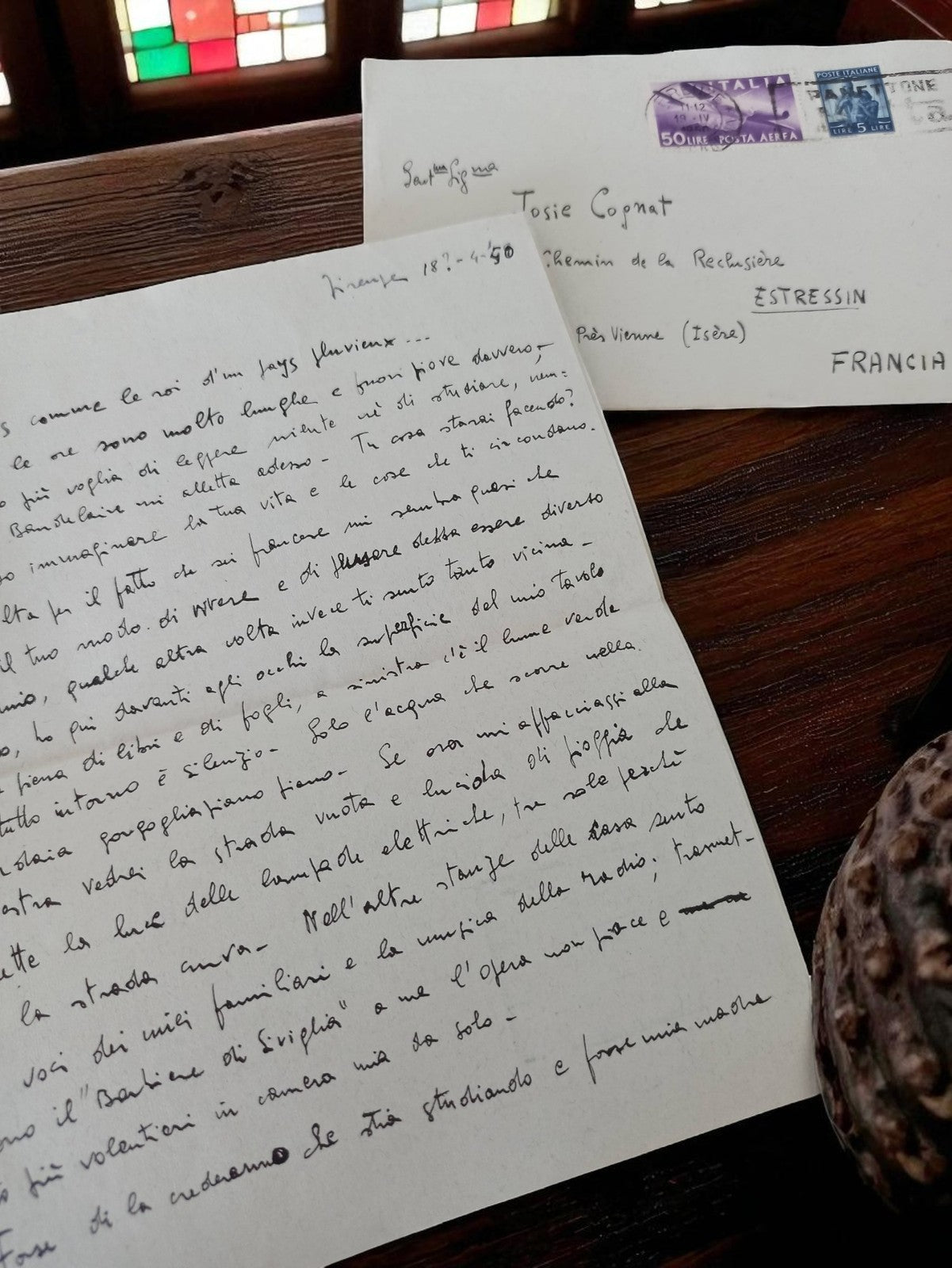 Lettre manuscrite ancienne 1950 Italie, enveloppe affranchie, vintage post-Secon