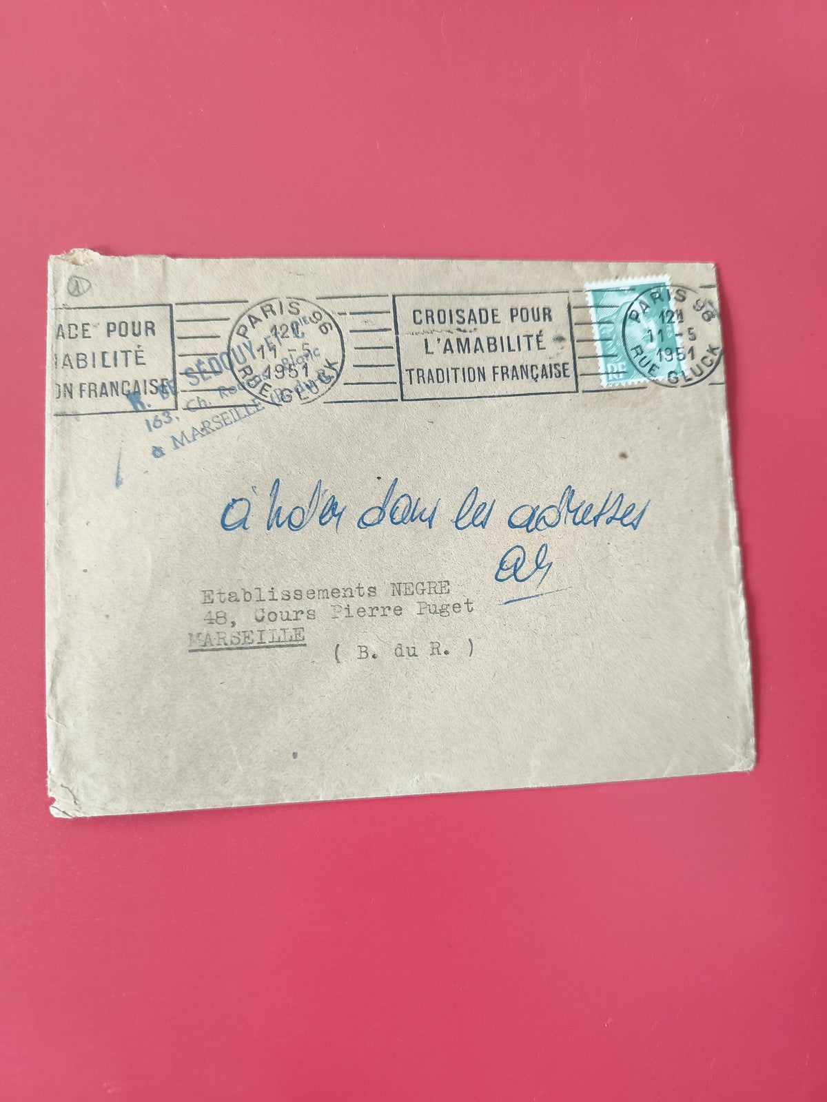 Enveloppe philatélie oblitérée Paris Marseille timbre bleu écriture manuscrite