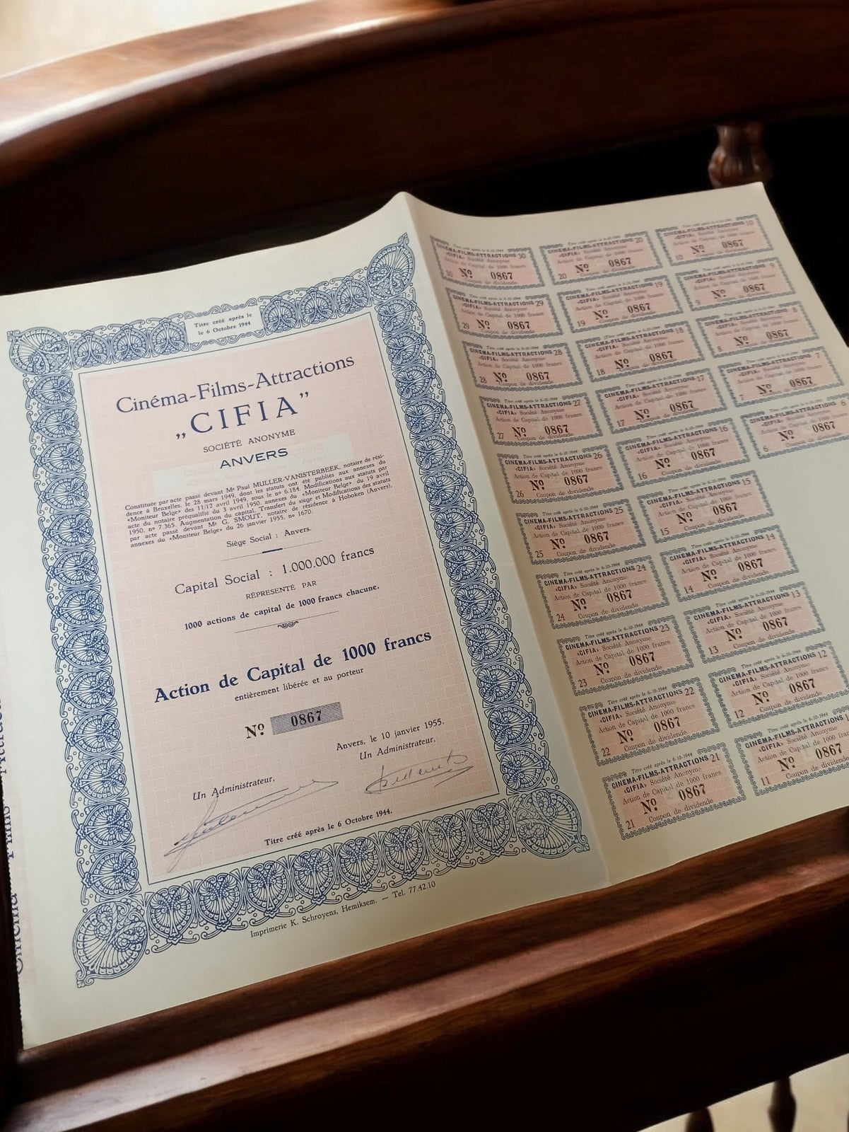 Action au porteur CIFIA Anvers 1955 document financier ancien vintage