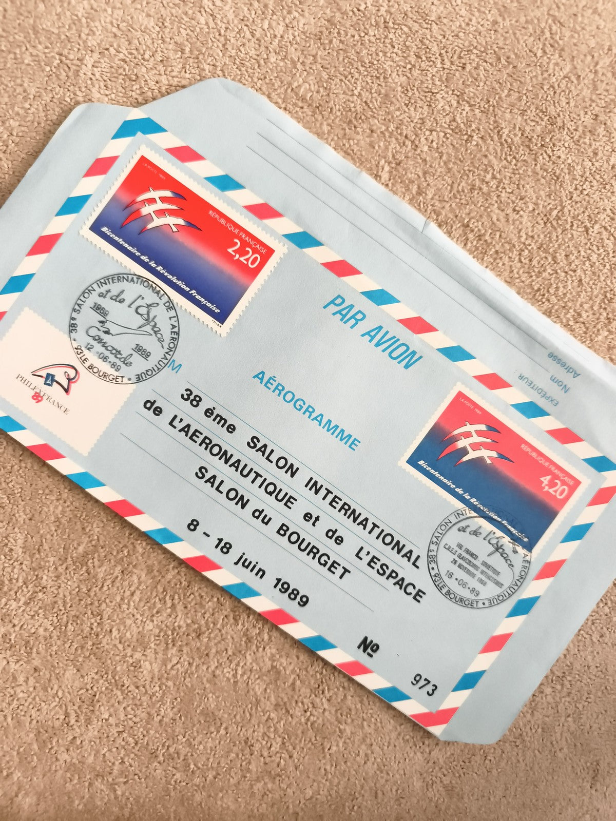 Aérogramme Salon du Bourget 1989 timbres 2,20 4,20 France aviation philatélie
