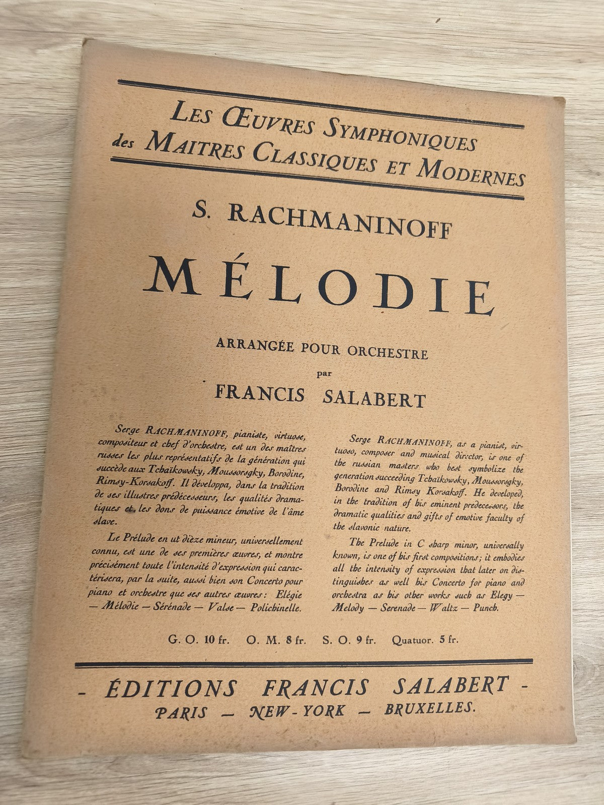 Ancien livre partitions Rachmaninoff violon piano Mélodie Éditions Salabert