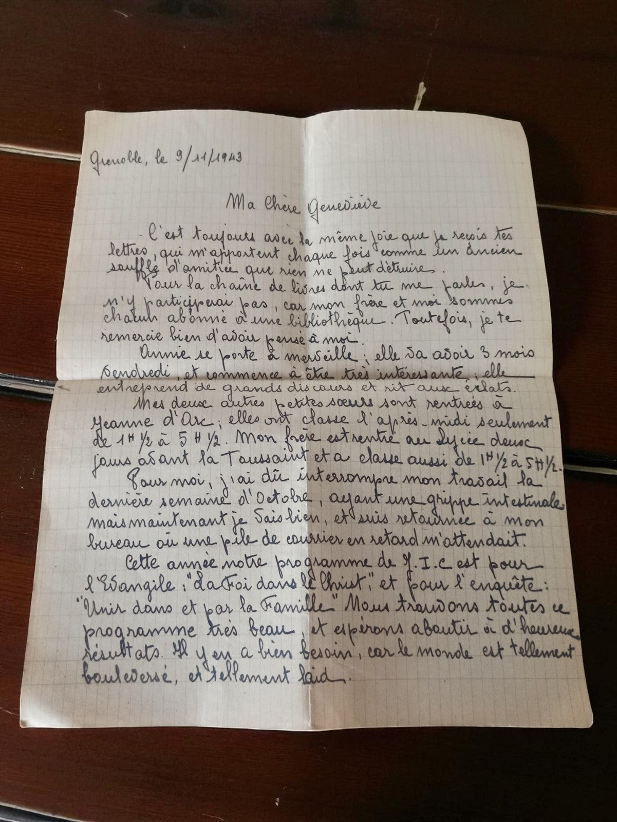 Lettre manuscrite ancienne 1943 Grenoble WW2 Seconde Guerre écrite à Geneviève