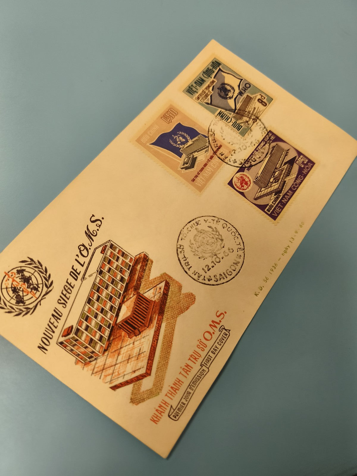 Ancienne enveloppe FDC Vietnam timbres OMS, illustration bâtiment, oblitérée
