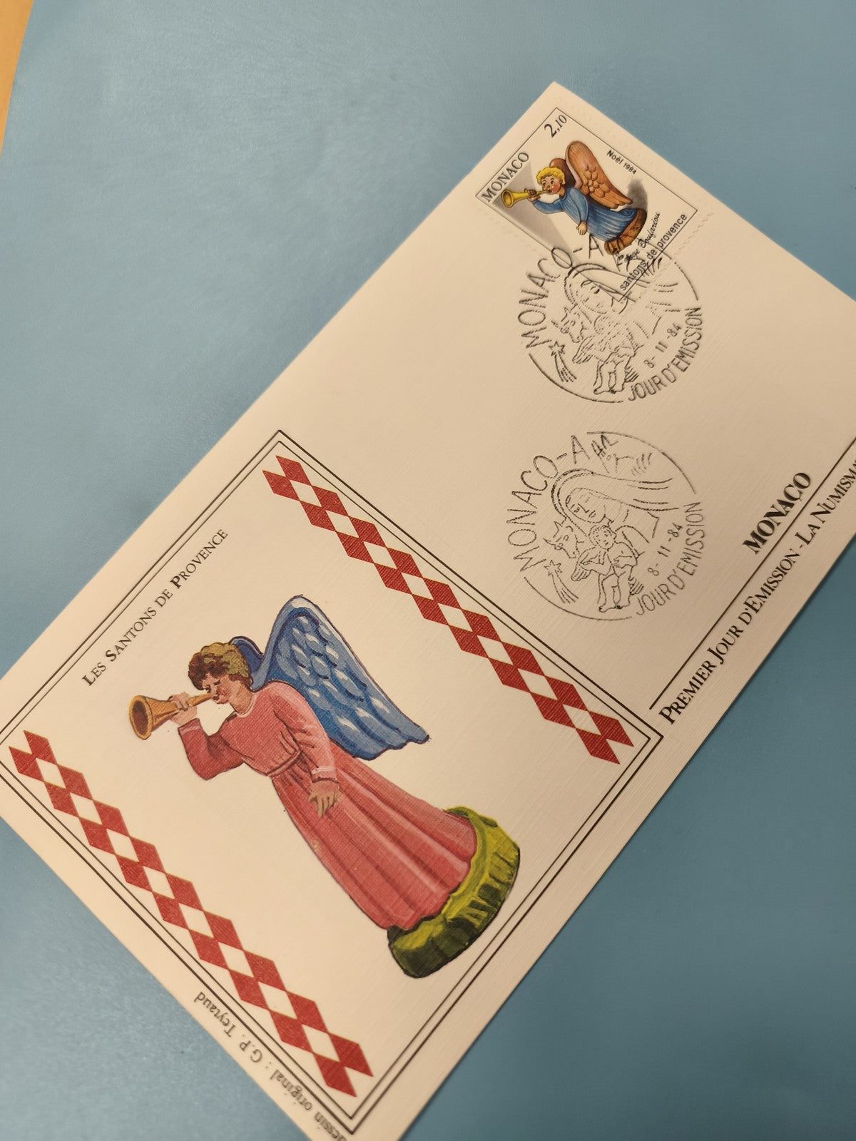 Enveloppe FDC Monaco premier jour, timbre Les Santons de Provence, ange trompett