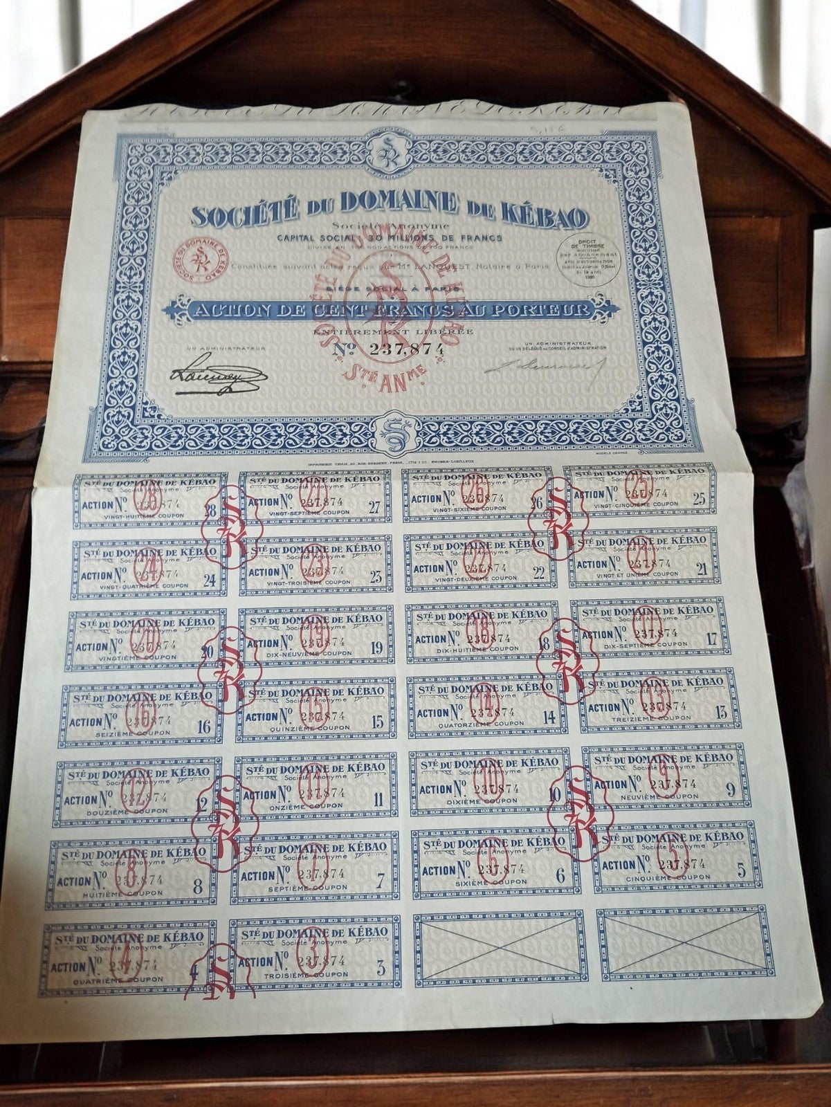 Bearer share certificate old Kébao Estate Company 1920s vintage docum