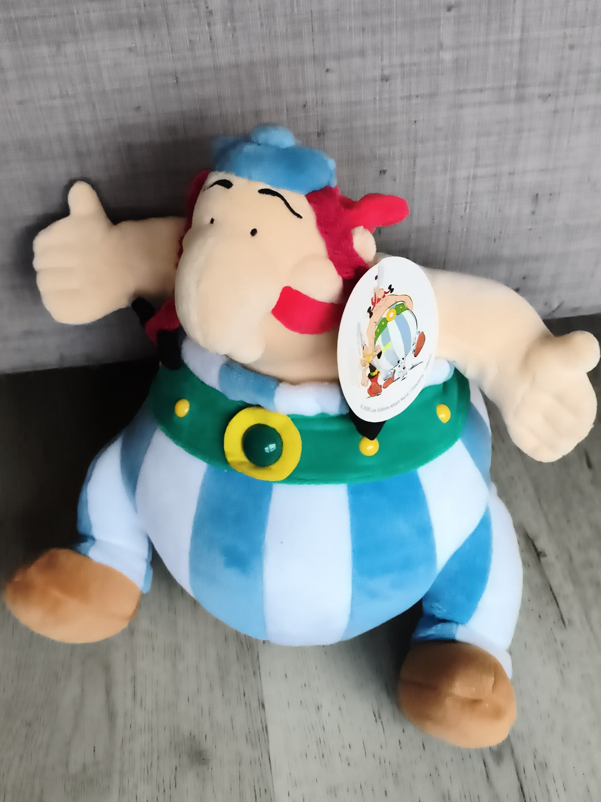 Peluche Astérix vintage Parc Astérix bleu blanc rayé licence étiquette