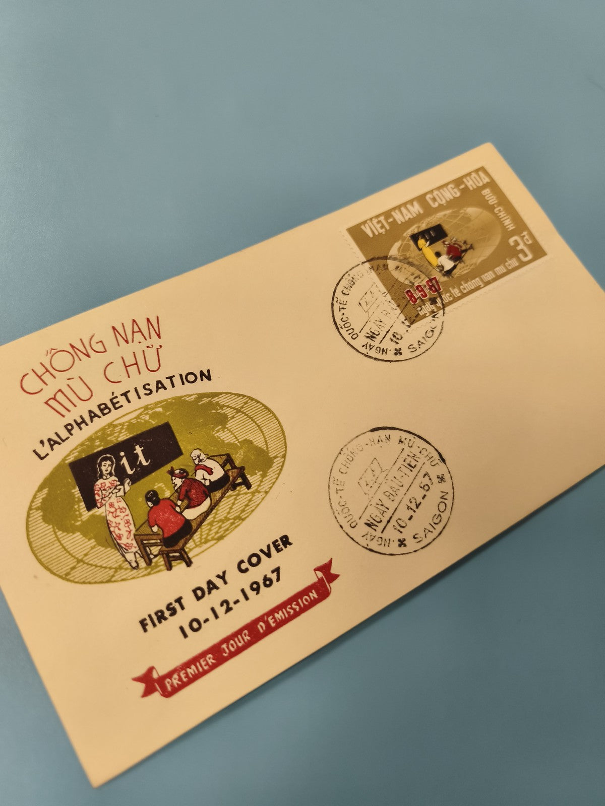 Ancienne enveloppe FDC Vietnam 1967, timbre alphabétisation, illustrée, 1er jour