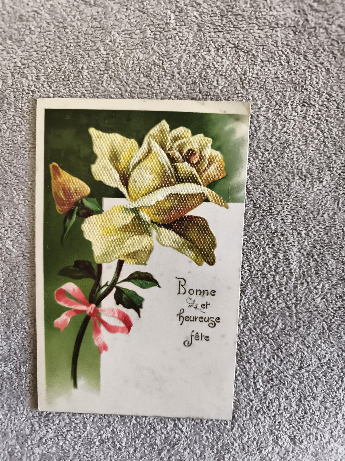Carte postale illustrée rose jaune Bonne fête CPA fleuri ruban