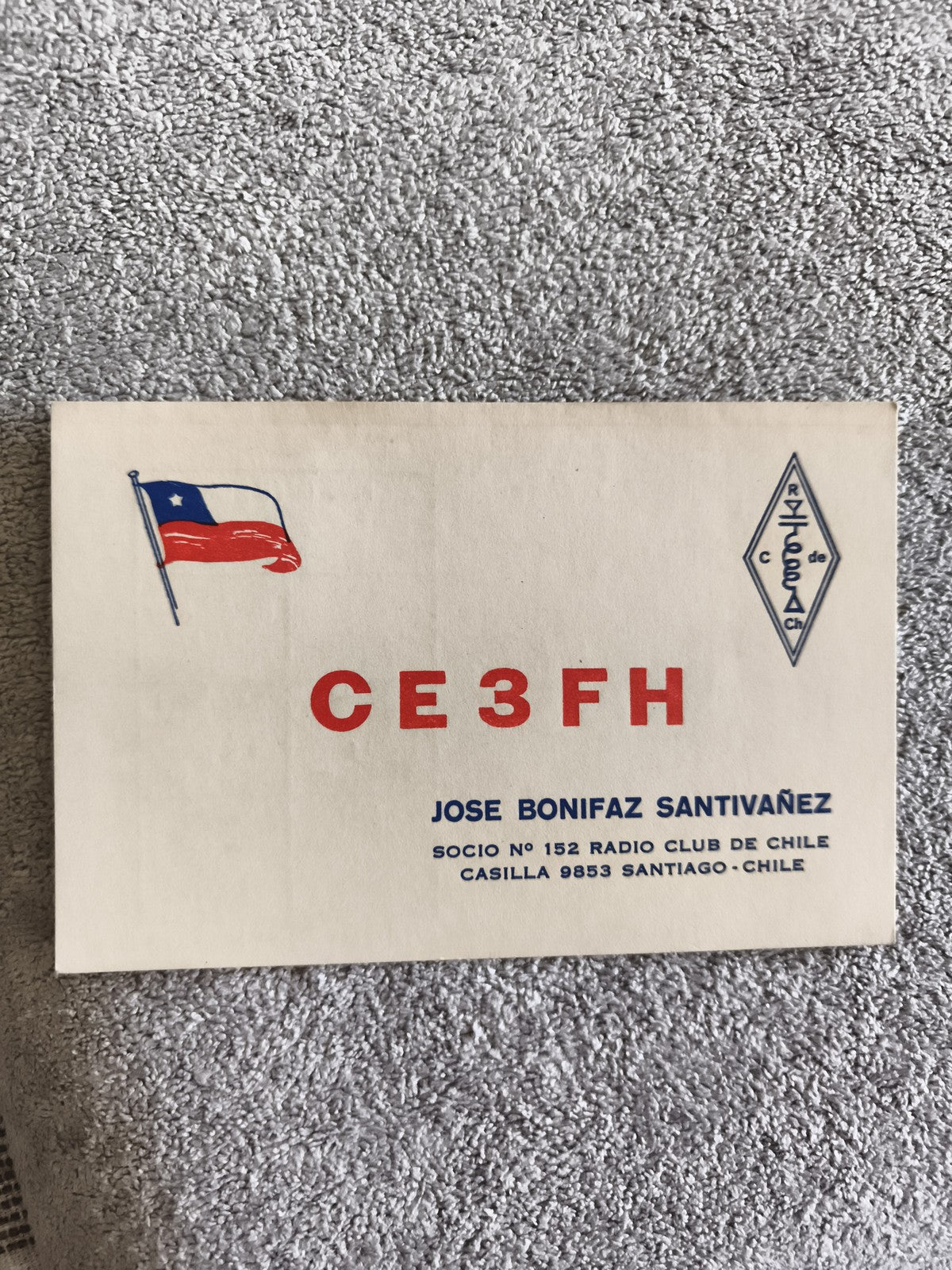 Carte QSL radio amateur CE3FH Chili ancienne, Radio Club de Chile, vintage